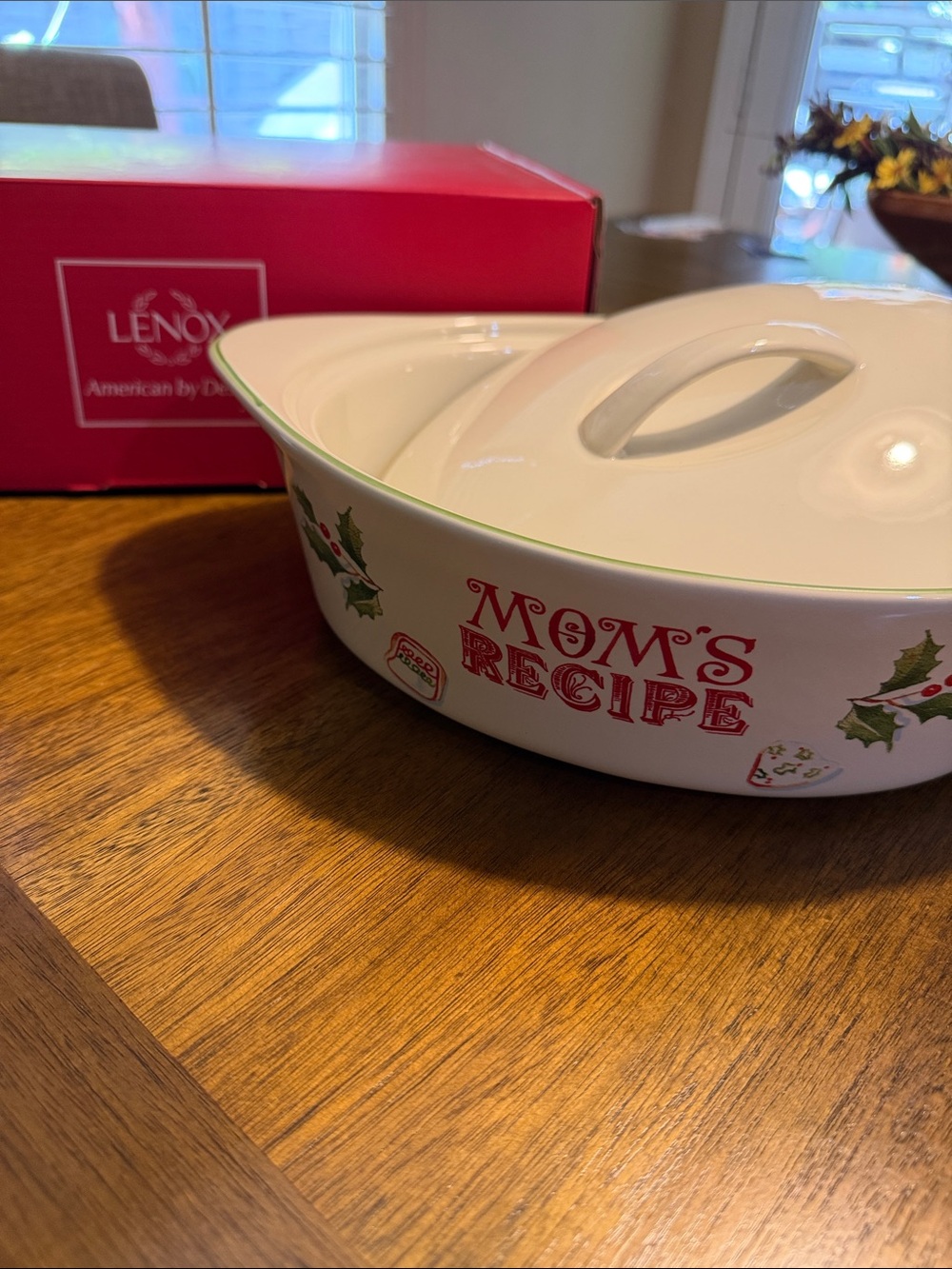 Lenox White Covered Casserole Dish with Red Lettering and Green Holly Accents